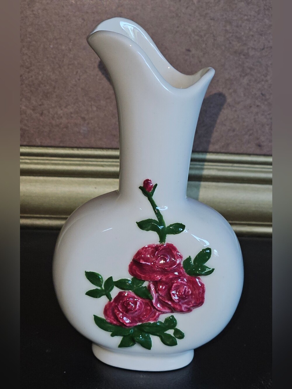 Vintage White Ceramic Vase w Raised, Hand-painted Pink Rose & Green Leaf Motif